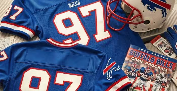 Gemini AI-created image of a 1996-era Buffalo NFL American football jersey 97, without a name on it, and a matching period-correct helmet, the program cover appropriate to the era and team.