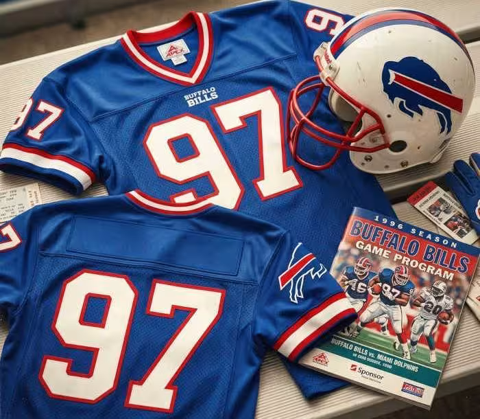 Gemini AI-created image of a 1996-era Buffalo NFL American football jersey 97, without a name on it, and a matching period-correct helmet, the program cover appropriate to the era and team.