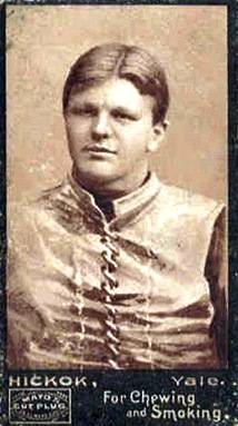 Vintage black and white trading card Mayo's Cut Plug football card of Bill Hickok, issued 1894.