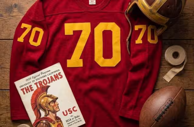 Gemini AI-created image of a 1939-era USC American football jersey 70, without a name on it, and a matching period-correct helmet, the program cover appropriate to the era and team.
