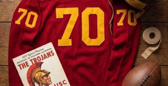 Gemini AI-created image of a 1939-era USC American football jersey 70, without a name on it, and a matching period-correct helmet, the program cover appropriate to the era and team.