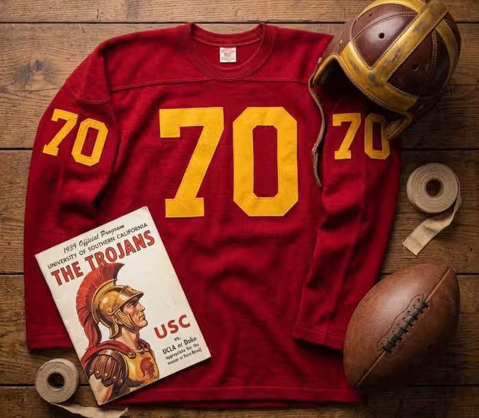 Gemini AI-created image of a 1939-era USC American football jersey 70, without a name on it, and a matching period-correct helmet, the program cover appropriate to the era and team.