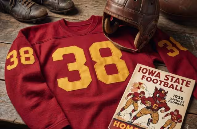 Gemini AI-created image of a 1938-era Iowa State American football jersey 38, without a name on it, and a matching period-correct helmet, the program cover appropriate to the era and team.