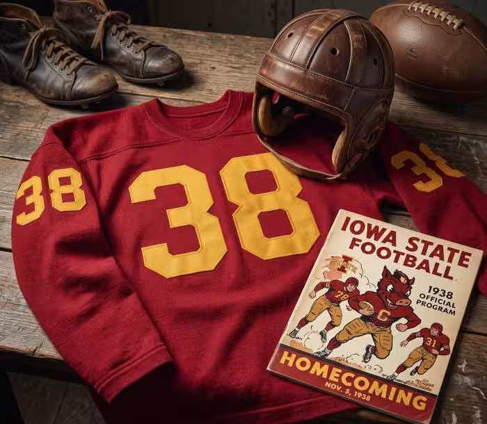 Gemini AI-created image of a 1938-era Iowa State American football jersey 38, without a name on it, and a matching period-correct helmet, the program cover appropriate to the era and team.