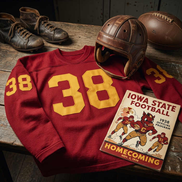 Gemini AI-created image of a 1938-era Iowa State American football jersey 38, without a name on it, and a matching period-correct helmet, the program cover appropriate to the era and team.