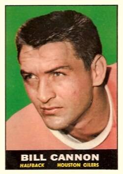 Cannon on a 1961 trading card Topps - https://www.vintagecardprices.com/card-profile/99059/1961-Topps-Billy-Cannon-146-Football-Card-Value-Prices.htm American Football League player Billy Cannon on a 1961 Topps football trading card with the Houston Oilers