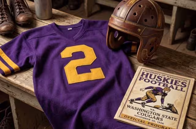 Gemini AI generated image of a 1920s-era purple American football jersey 2, without a name on it, and a matching period-correct helmet, the program cover appropriate to the era and team.