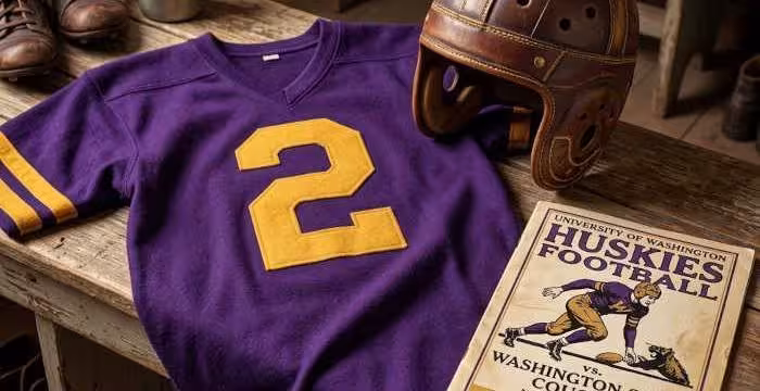 Gemini AI generated image of a 1920s-era purple American football jersey 2, without a name on it, and a matching period-correct helmet, the program cover appropriate to the era and team.