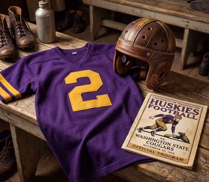 Gemini AI generated image of a 1920s-era purple American football jersey 2, without a name on it, and a matching period-correct helmet, the program cover appropriate to the era and team.