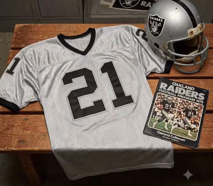 Gemini AI generated image of a 1970s-era white American football jersey 21, without a name on it, and a matching period-correct helmet, the program cover appropriate to the era and team.