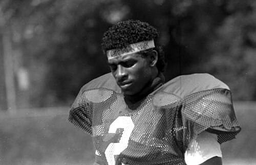 Black and white, Sanders with the Florida State Seminoles football team, 1988.