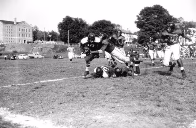 Black and white game action photo of Florida A&M vs. Morris Brown football game: Tallahassee, Florida Date: October 18, 1947