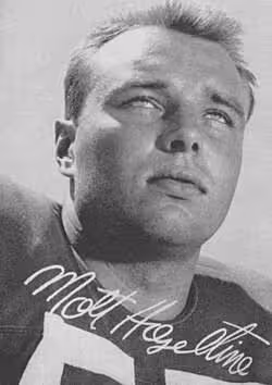 Black and white autographed publicity photo of Matt Hazeltine (1933–1987), linebacker for the San Francisco 49ers of the National Football League (NFL), 1961. Photographer uncredited. Published as Dan McGuire (ed.), The San Francisco 49ers of the National Football League Present the Shotgun Offense: Press, Radio, Television Information for 1961. San Francisco, CA: San Francisco 49ers Football Club, 1961; p. 24. No copyright notice in publication.