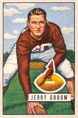 Full color trading card of Jerry Groom on a 1951 Bowman football card.