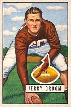 Full color trading card of Jerry Groom on a 1951 Bowman football card.