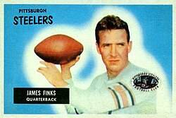 1955 Bowman football card of Jim Finks of the Pittsburgh Steelers card number #120. PD-not-renewed.