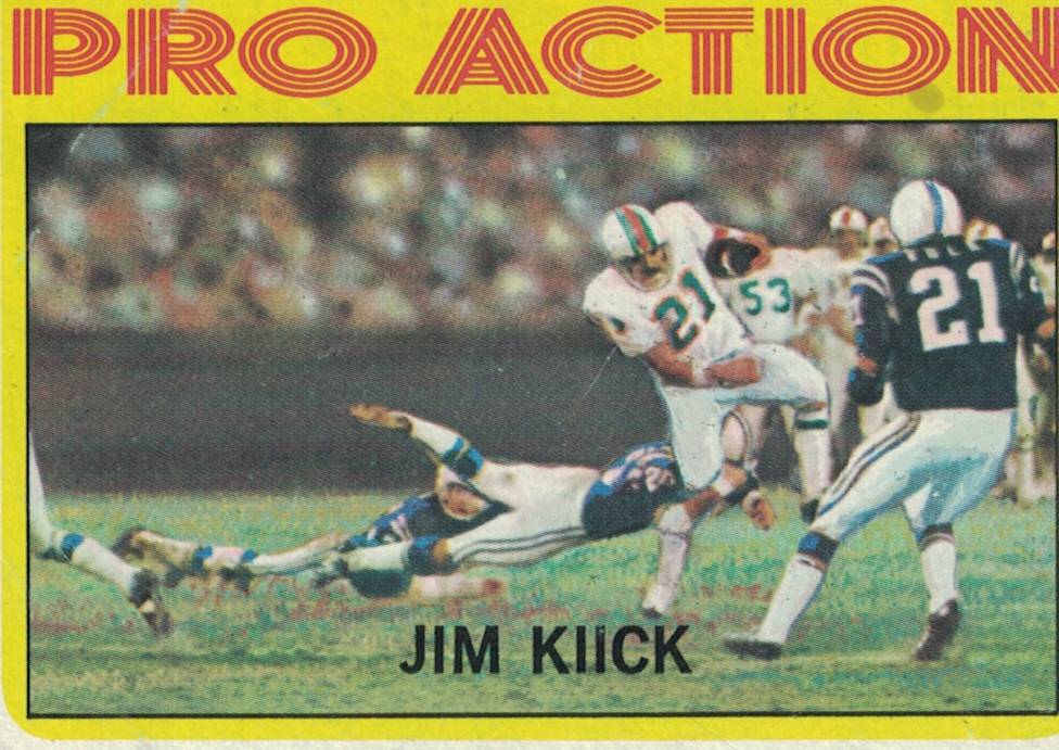 Color trading card, Jim Kiick of the Dolphins running the ball against the  Colts in 1971. Pro Set card in Darin Hayes' personal collection.