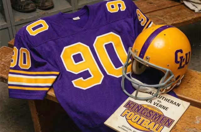 Gemini AI-created image of a 1972-era Cal Lutheran American football jersey 90, without a name on it, and a matching period-correct helmet, the program cover appropriate to the era and team.