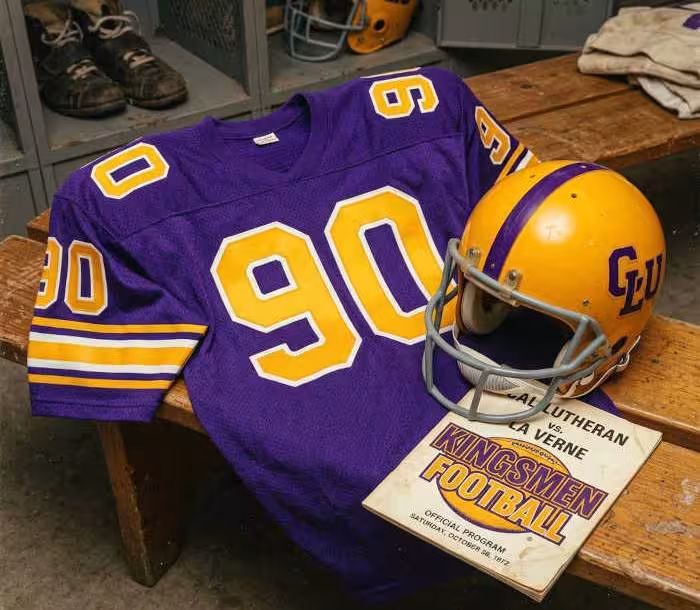 Gemini AI-created image of a 1972-era Cal Lutheran American football jersey 90, without a name on it, and a matching period-correct helmet, the program cover appropriate to the era and team.