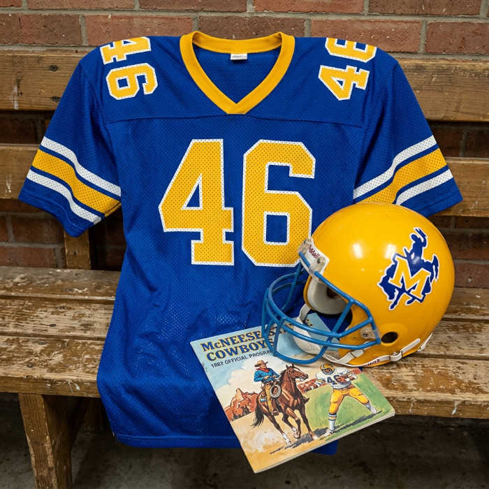 Gemini AI-created image of a 1982-era McNeese State American football jersey 46, without a name on it, and a matching period-correct helmet, the program cover appropriate to the era and team.