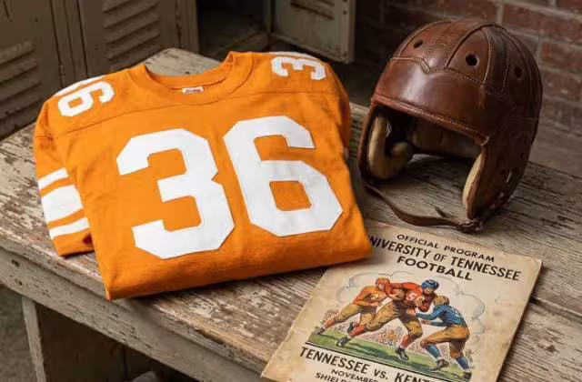 Gemini AI-created image of a 1935-era University of Tennessee American football jersey 36, without a name on it, and a matching period-correct helmet, the program cover appropriate to the era and team.
