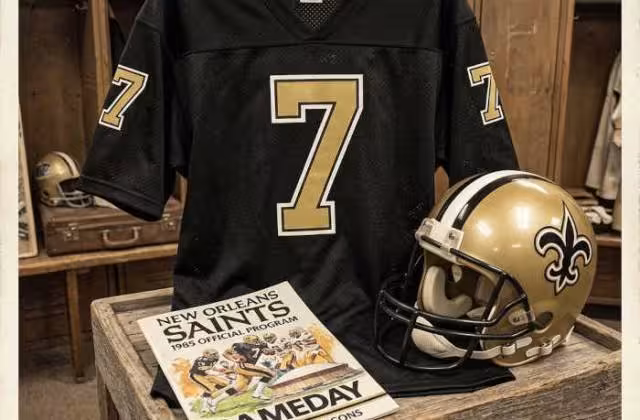 Gemini created image of a 1985-era New Orleans NFL American football jersey 7, without a name on it, and a matching period-correct helmet, the program cover appropriate to the era and team.