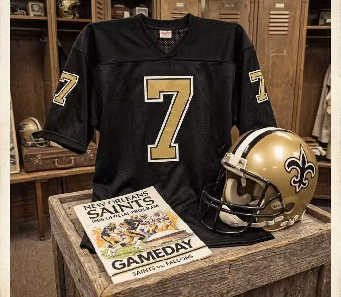 Gemini created image of a 1985-era New Orleans NFL American football jersey 7, without a name on it, and a matching period-correct helmet, the program cover appropriate to the era and team.