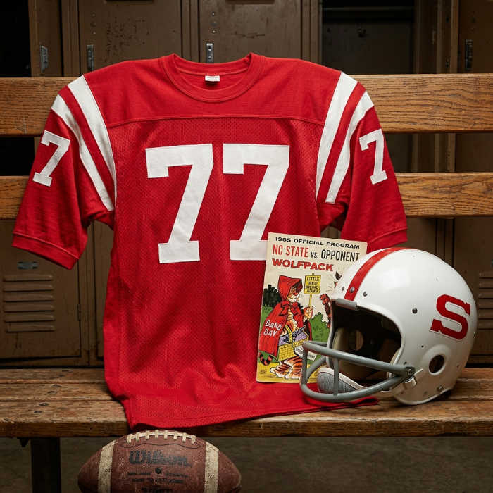Gemini AI-created image of a 1965-era NC State American football jersey 77, without a name on it, and a matching period-correct helmet, the program cover appropriate to the era and team.