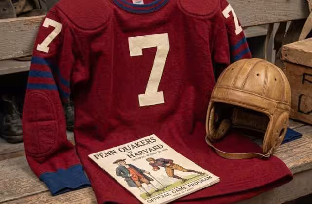 Gemini AI generated image of a 1920s-era dark red American football jersey 7, without a name on it, and a matching period-correct helmet, the program cover appropriate to the era and team.