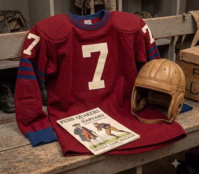 Gemini AI generated image of a 1920s-era dark red American football jersey 7, without a name on it, and a matching period-correct helmet, the program cover appropriate to the era and team.