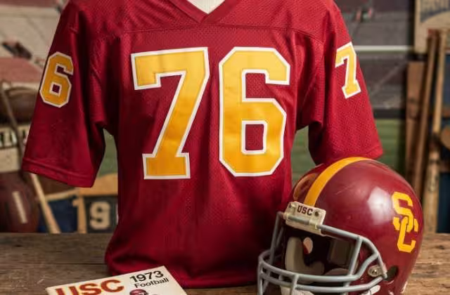 Gemini AI-created image of a 1973-era USCAmerican football jersey 76, without a name on it, and a matching period-correct helmet, the program cover appropriate to the era and team.