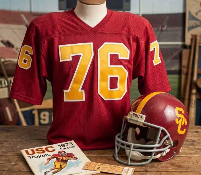 Gemini AI-created image of a 1973-era USCAmerican football jersey 76, without a name on it, and a matching period-correct helmet, the program cover appropriate to the era and team.