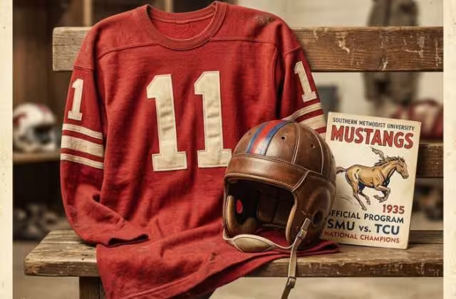 Gemini AI generated image of a 1935-era dark red American football jersey 11, without a name on it, and a matching period-correct helmet, the program cover appropriate to the era and team.