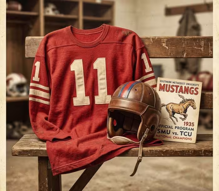 Gemini AI generated image of a 1935-era dark red American football jersey 11, without a name on it, and a matching period-correct helmet, the program cover appropriate to the era and team.