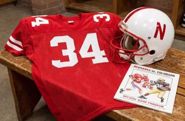 Gemini AI generated image of a 1990s-era red American football jersey 34, without a name on it, and a matching period-correct helmet, the program cover appropriate to the era and team.