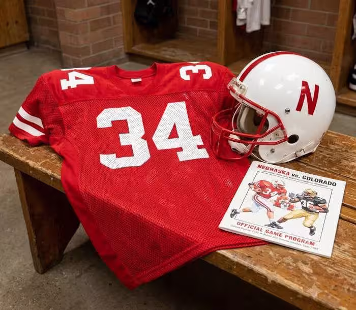 Gemini AI generated image of a 1990s-era red American football jersey 34, without a name on it, and a matching period-correct helmet, the program cover appropriate to the era and team.