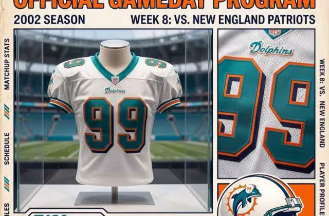 Gemini AI-created image of a 2002-era Miami NFL American football jersey 99, without a name on it, and a matching period-correct helmet, the program cover appropriate to the era and team.
