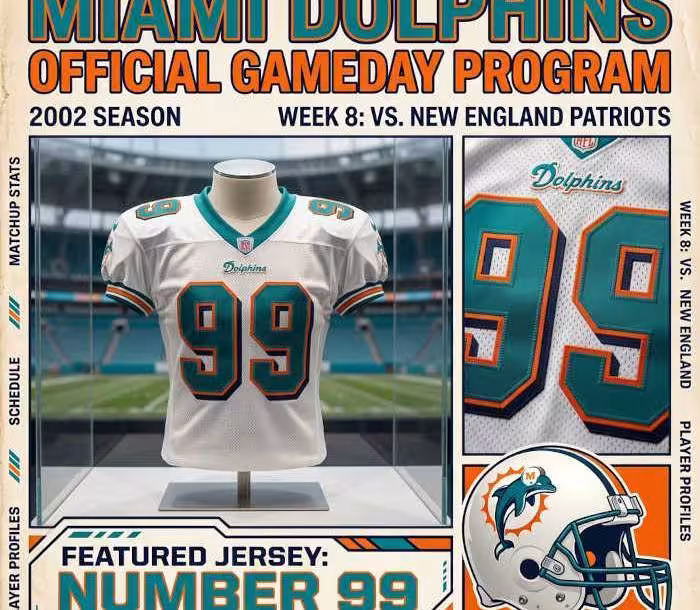 Gemini AI-created image of a 2002-era Miami NFL American football jersey 99, without a name on it, and a matching period-correct helmet, the program cover appropriate to the era and team.