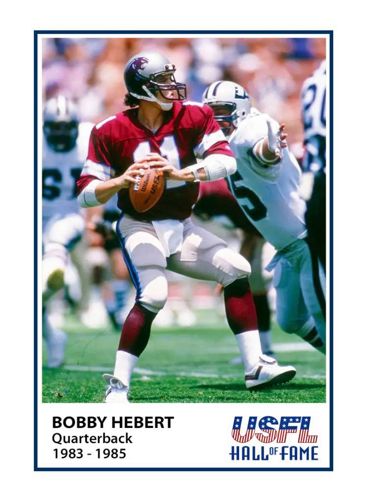 Game action shot of Quarterback Bobby Hebert in his USFL Michigan Panthers uniform courtesy of our friends at USFLFootballcards.com.