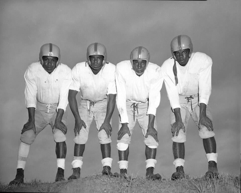 B/W photo of Unidentified African-American football players in Tallahassee, Florida 1953.