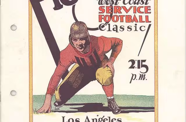 Color handdrawn image of Official Program for the U.S. Army vs. U.S. Marines held at the Los Angeles Coliseum on October 20, 1929. The Marine team was from Marine Base San Diego. From the John P. Waller Collection (COLL/261) United States Marine Corps Archives & Special Collections USMC Archives from Quantico, USA