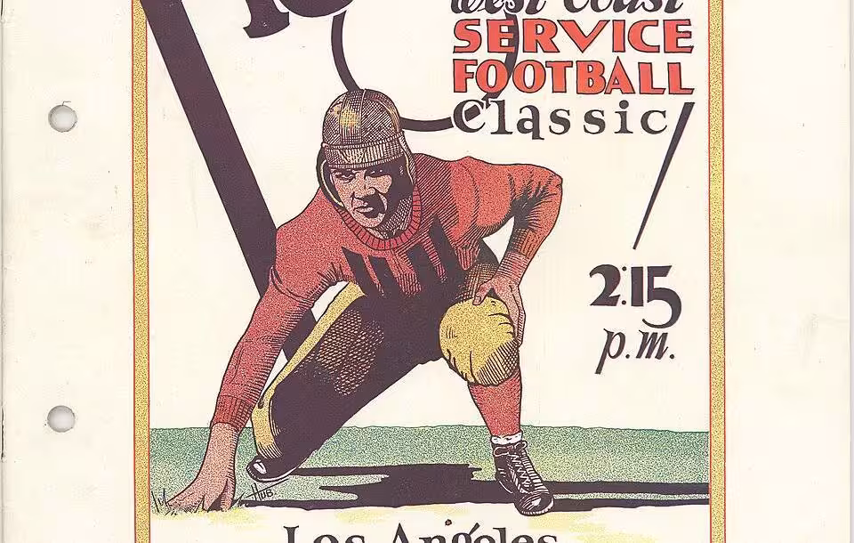 Color handdrawn image of Official Program for the U.S. Army vs. U.S. Marines held at the Los Angeles Coliseum on October 20, 1929. The Marine team was from Marine Base San Diego. From the John P. Waller Collection (COLL/261) United States Marine Corps Archives & Special Collections USMC Archives from Quantico, USA