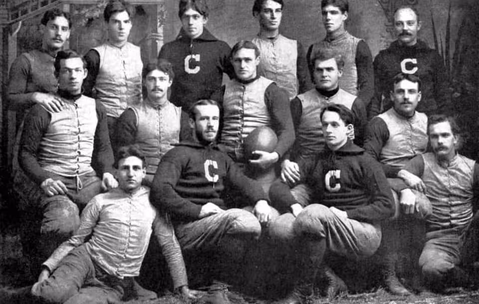 Vintage b/w image of the 1892 Cornell varsity football team