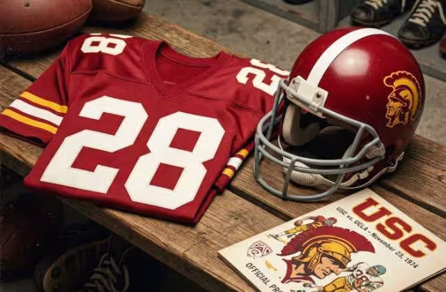 Gemini AI-created image of a 1974-era USC American football jersey 28, without a name on it, and a matching period-correct helmet, the program cover appropriate to the era and team.