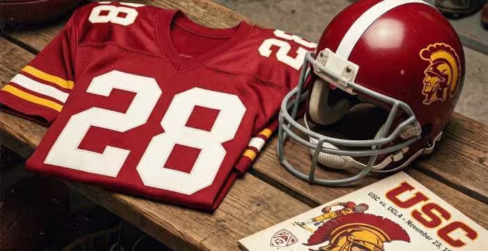 Gemini AI-created image of a 1974-era USC American football jersey 28, without a name on it, and a matching period-correct helmet, the program cover appropriate to the era and team.