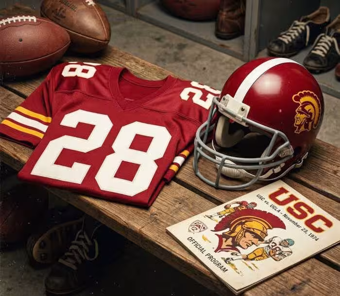 Gemini AI-created image of a 1974-era USC American football jersey 28, without a name on it, and a matching period-correct helmet, the program cover appropriate to the era and team.