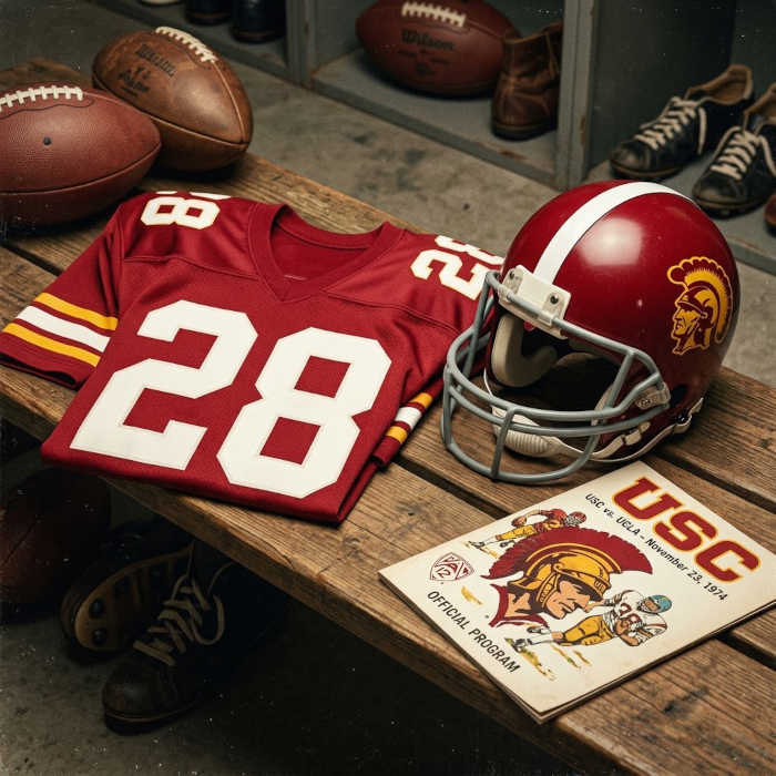 Gemini AI-created image of a 1974-era USC American football jersey 28, without a name on it, and a matching period-correct helmet, the program cover appropriate to the era and team.