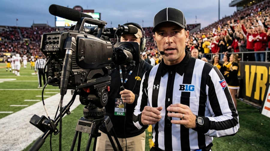 Gemini AI-created image of Big Ten Ref talking to TV camera.