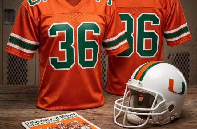 Gemini AI-created image of a 1987-era MIami Hurricanes American football jersey 36, without a name on it, and a matching period-correct helmet, the program cover appropriate to the era and team.