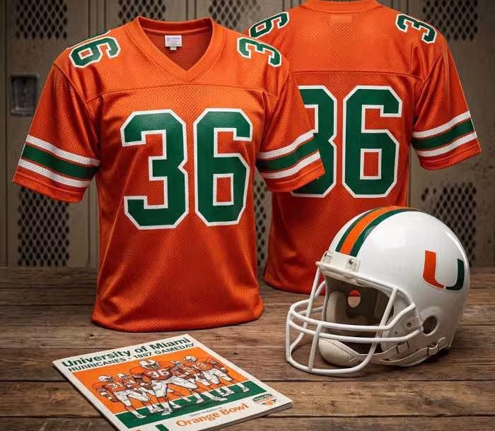 Gemini AI-created image of a 1987-era MIami Hurricanes American football jersey 36, without a name on it, and a matching period-correct helmet, the program cover appropriate to the era and team.